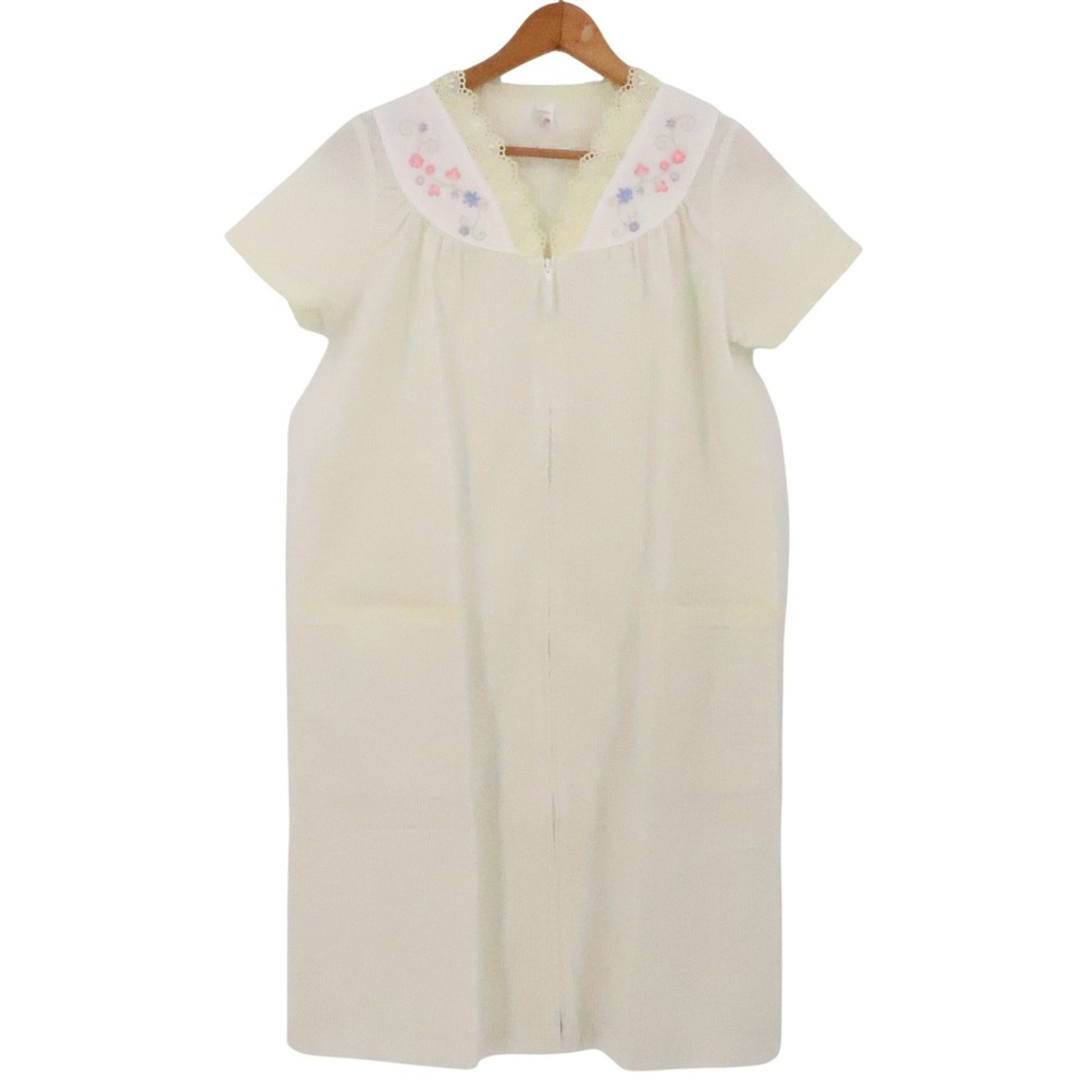 Vintage Striped Seersucker Floral‎ Embroidered House Dress Womens Cottage Size S